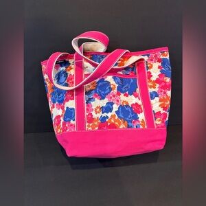 Lands’ End Canvas Tote Bag Pink Blue Floral Small 15x12x6 Cotton Open Top